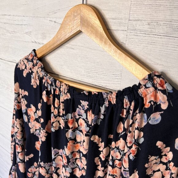 J Jill Blouse Size Large Navy Floral Print 3/4 Sleeve Ruffle Cottagecore Ditsy - Picture 13 of 14